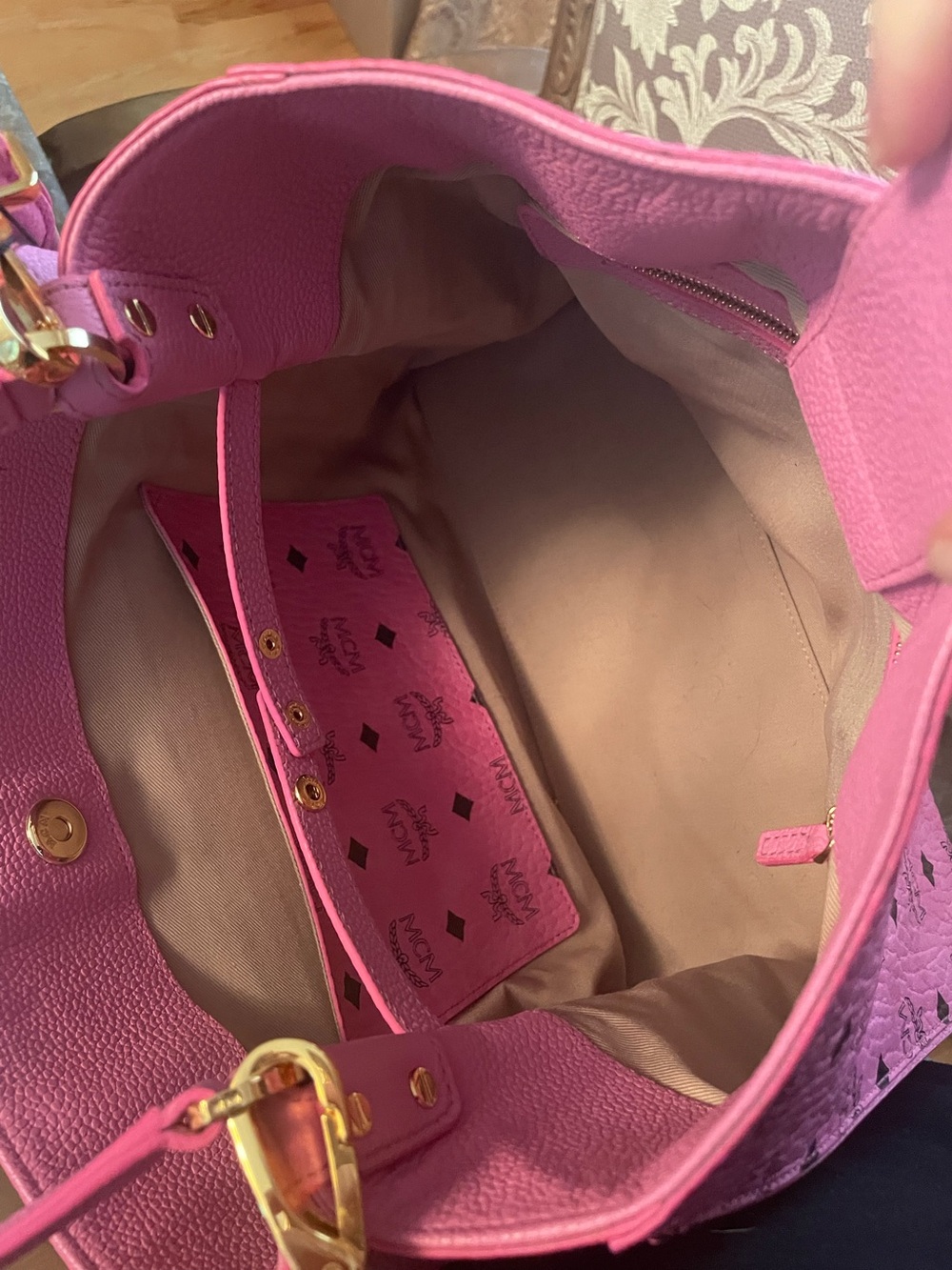 MCM Pink Visetos Signature Satchel with Gold Hardware - Picture 11 of 16